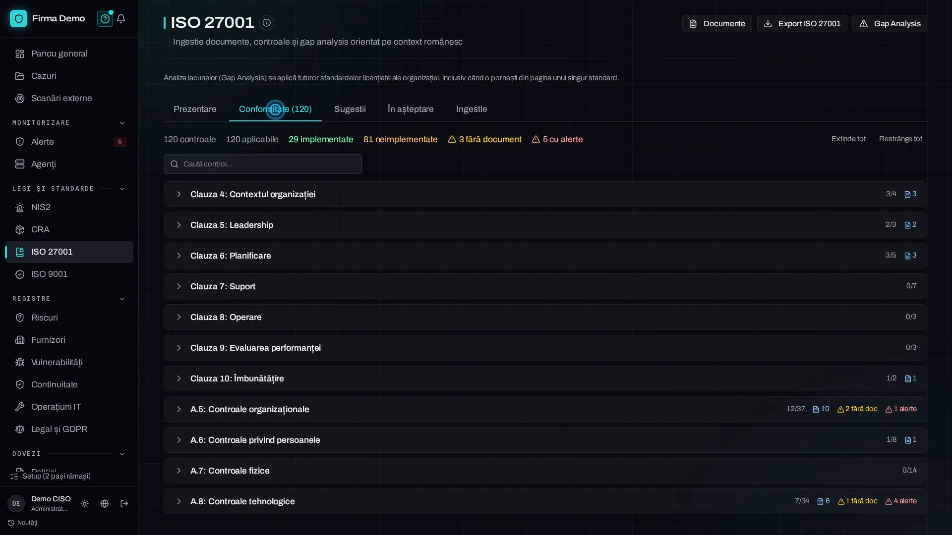 ISO 27001: cerințele standardului și stadiul implementării.