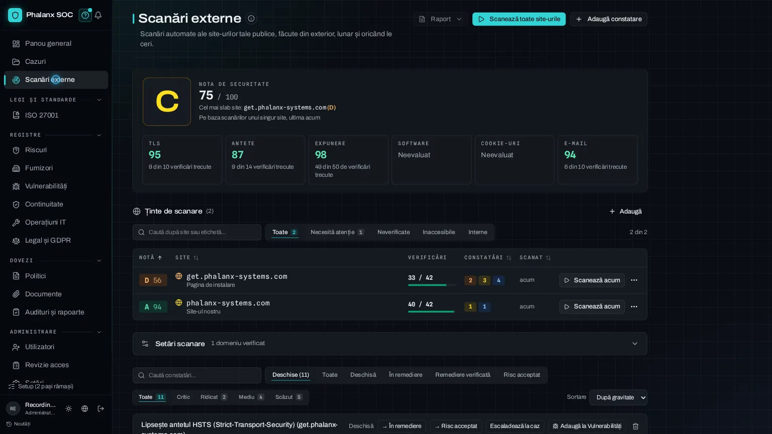Scanări externe ale site-urilor publice ale unui client, cu constatările legate de controale.